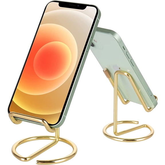 Cute Gold Metal Cell Phone Stand 2 Pack, Universal Cell Phone Holder Desk, Desk Accessories Compatible with iPhone, Android Phones & Small iPad