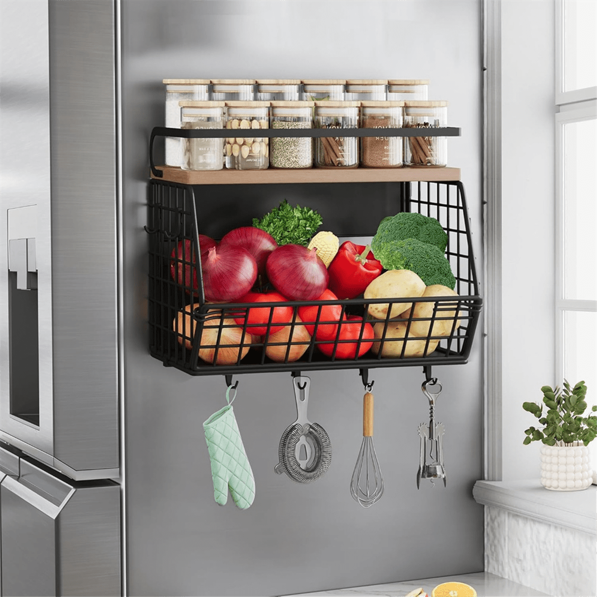 Magnetic Shelf for Fridge with Wood Lid Spice Rack for Refrigerator