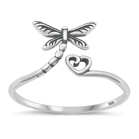 Polished Dragonfly Heart Ring 925 Adjustable Sterling Silver Band Jewelry Female Male Unisex Size 6