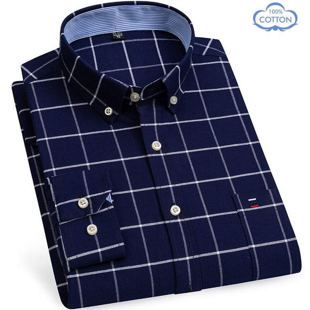 Oxford-Camisa de manga larga para hombre, 100% algodón, informal, ajustada, Color sólido, estampado a cuadros, a rayas, Formal, talla grande