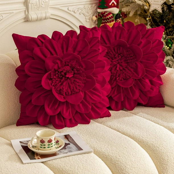 Funda de cojín navideña | Diseño floral rojo y verde | Funda de cojín para sofá de 50 x 50 cm | Decoración navideña | Funda de almohada de tela lavable para silla y cama