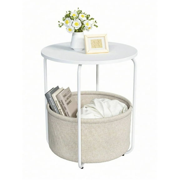 TSNQGFUCGXUSmall Bedside Table With Fabric Basket, Modern Nightstand, Round Side Table, For Living Room, Bedroom