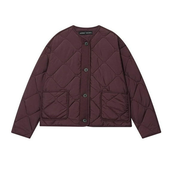 Women's Quilted Jacket Trendy Button Down Crewneck Padded Coat Lightweight Jacket with Pockets Wine L