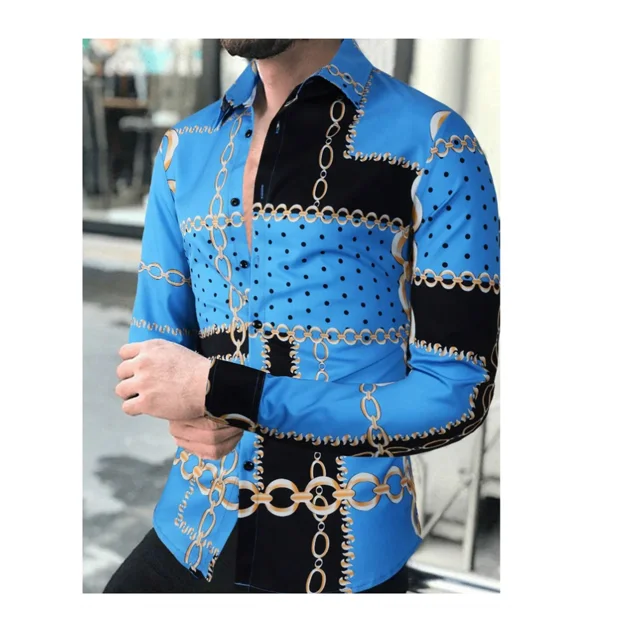 Camisa de hombre nueva moda con estampado de cadena, cuello con botones, camisa de manga larga, ropa informal de calle de verano de alta calidad