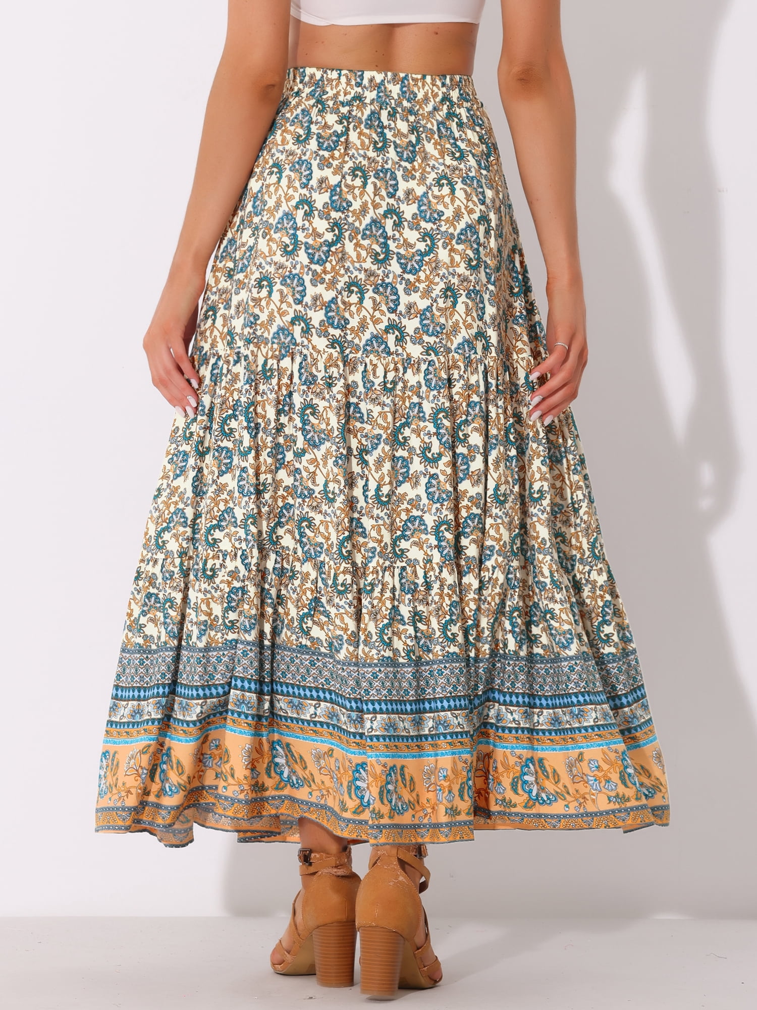 DARING DIVA Women's Bohemian Tassels Elastic Waist Floral Maxi Skirt S Beige