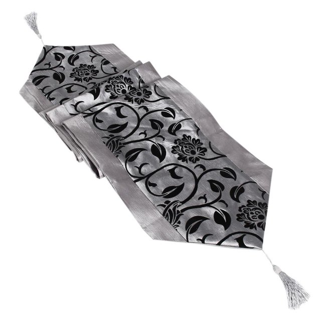 Caminos De Mesa Camino de Mesa Camino de mesa de damasco flocado con flores en relieve, color gris plateado