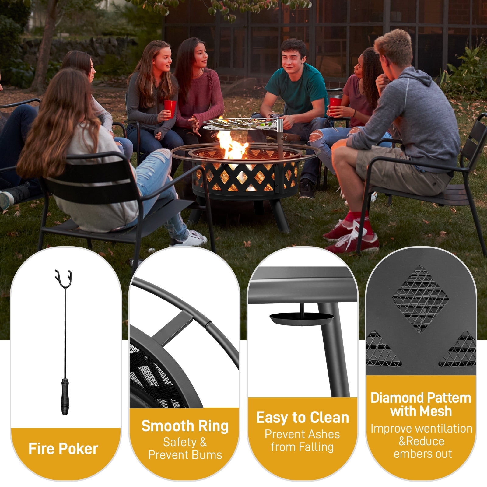 JOYFULIN 30 Inch Fire Pit, Wood Burning Fire Pits for Outside with 15.6'' Adjustable Cooking Grill Grate & Poker for Camping, Outdoor Firepit for Picnic, BBQ Party