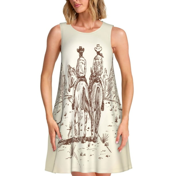 Easygdp Two Cowboys Riding Horses In The Desert para Vestido Transpirable de Mujer, Vestido Suelto de Manga Corta con Pliegues y Bolsillos para el Verano
