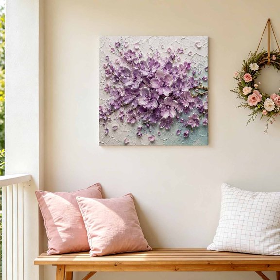 Embossed Violet Floral Canvas Wall Art for Living Room Bedroom Bathroom, Rustic Vintage Plaster Relief Textured Canvas Art Wall Decor, Artwork for Walls Home Office Decor, 12"x12"