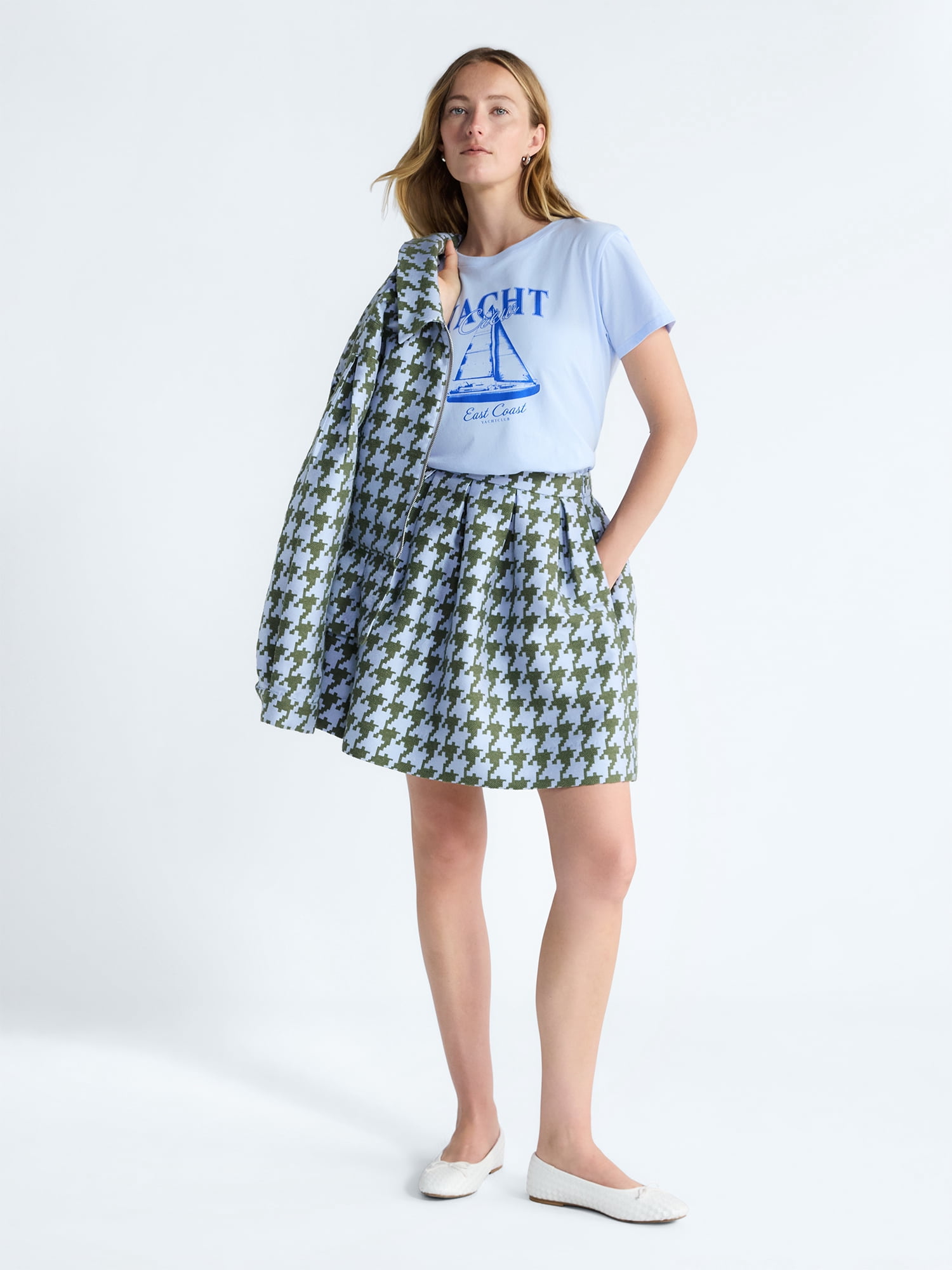Free Assembly Women's and Women's Plus Houndstooth Pleated Skirt, Sizes 0-26W
