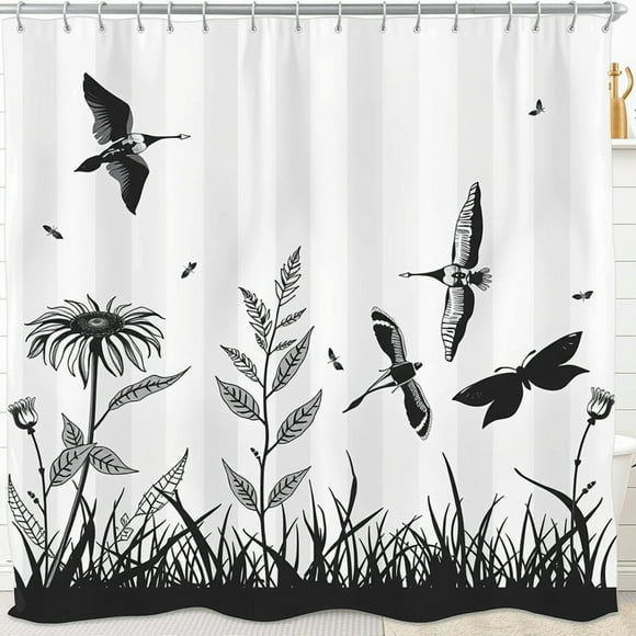 Black and White Tall Grass Shower Curtain with Silhouettes of Birds and Butterflies, Grommet Top, Modern Design