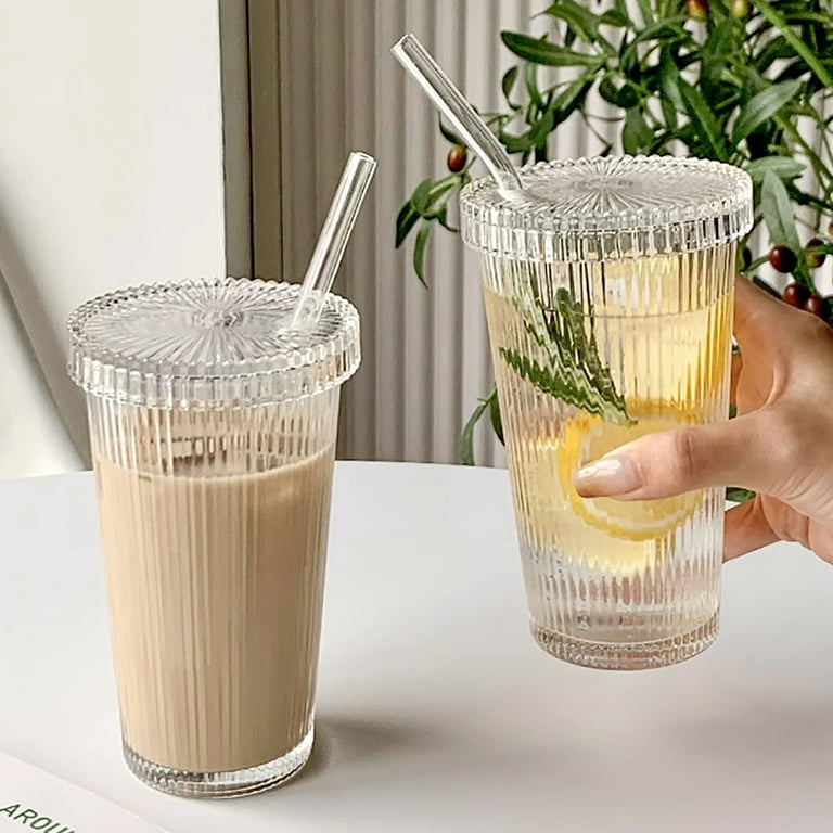 Iced Coffee GlassesStripe Glass Cup With Lid And Straw Transparent