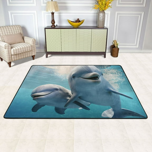 Area Floor Mats Dolphins under Water Large Nursery Rugs Non-Slip Living Room Carpets Bedroom Doormat for Dinning Decor 36" x 24"