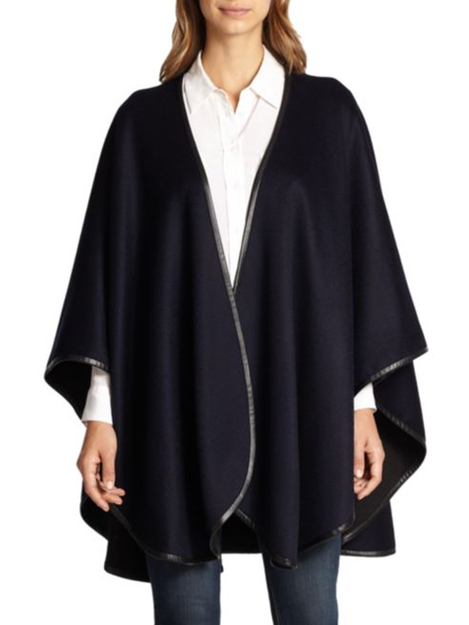 Cashmere Cape with Fur Trim/Cashmere Cape/Cashmere Capes/Cape/Capes/Fur Cape/Fur Capes for women/Capes and Shawls/Fur Caplet/Caplet/Coat/Poncho/Shrug/Ruana (Leather Trim-NAVY) - image 3 of 10