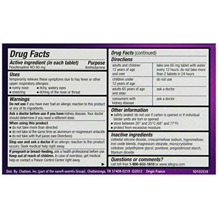Allegra Allergy 12Hr Fast Relief Fexofenadine HCI Antihistamine 60 mg, 12ct