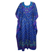 Mogul Womens Kimono Maxi Long Caftan Dress Blue Printed Beach Wear Bikini Cover Up Abaya Kaftan