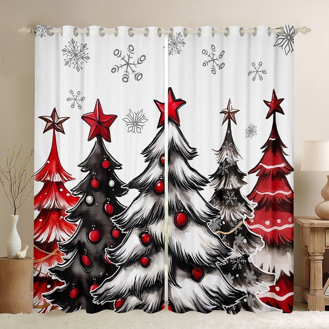 Rideaux de Sapin de Noël Rouges 42x84 Pouces pour Chambre, Rideaux Occultants Joyeux Noël 30-50 %, Rideaux Flocon de Neige de Noël, Rideaux de Fenêtre Bonne Année 2 Panneaux