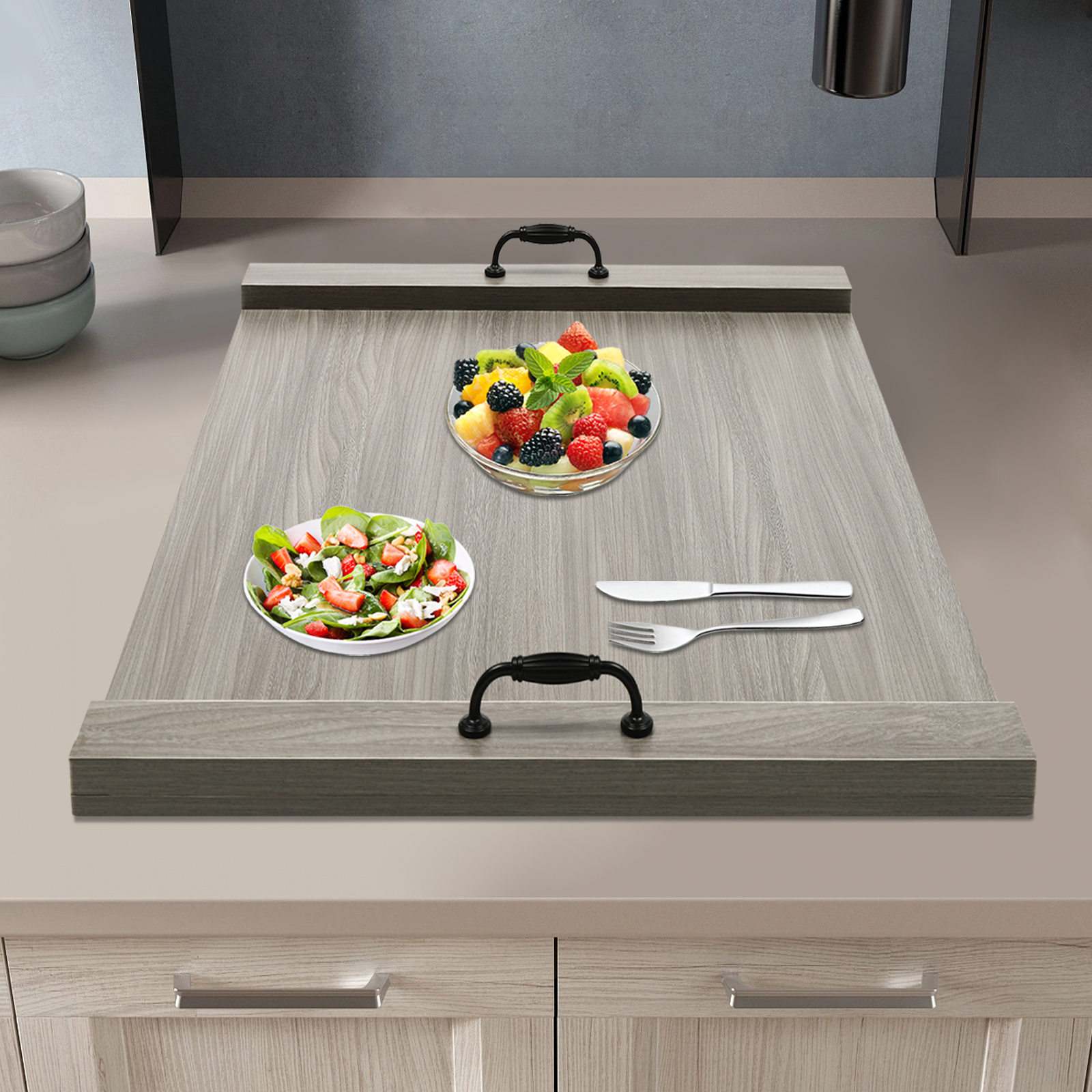 Noodle Board Stove Cover with Built-in Handles, 3 in 1 Stove Top Covers Board for Gas Burners and Electric Stove, Wooden RV Stovetop Cover, Tray for Kitchen Counter Space （30x22 In,Grey）