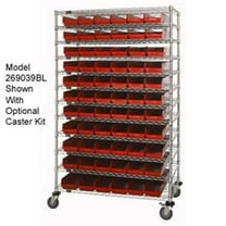 Chrome Wire Shelving with 110 4 in. Plastic Shelf Bins - Red - 48 x 14 x 74 in.