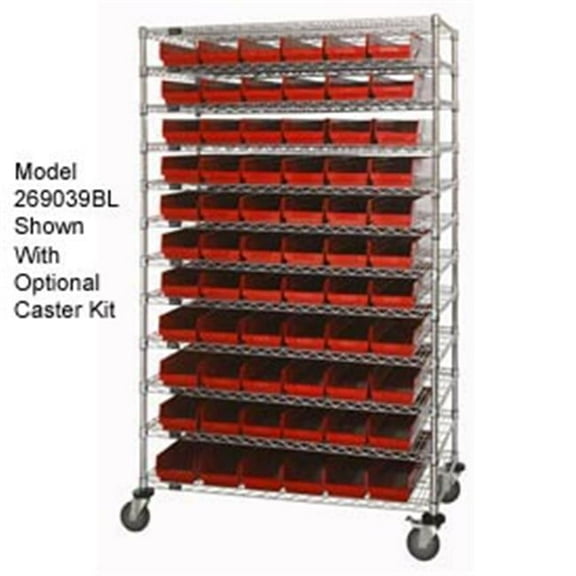Chrome Wire Shelving with 110 4 in. Plastic Shelf Bins - Red - 48 x 14 x 74 in.