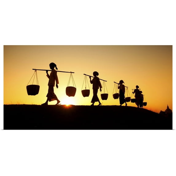 Great BIG Canvas | Rolled Scott Stulberg Poster Print entitled Female workers with baskets at sunset in Bagan, Burma