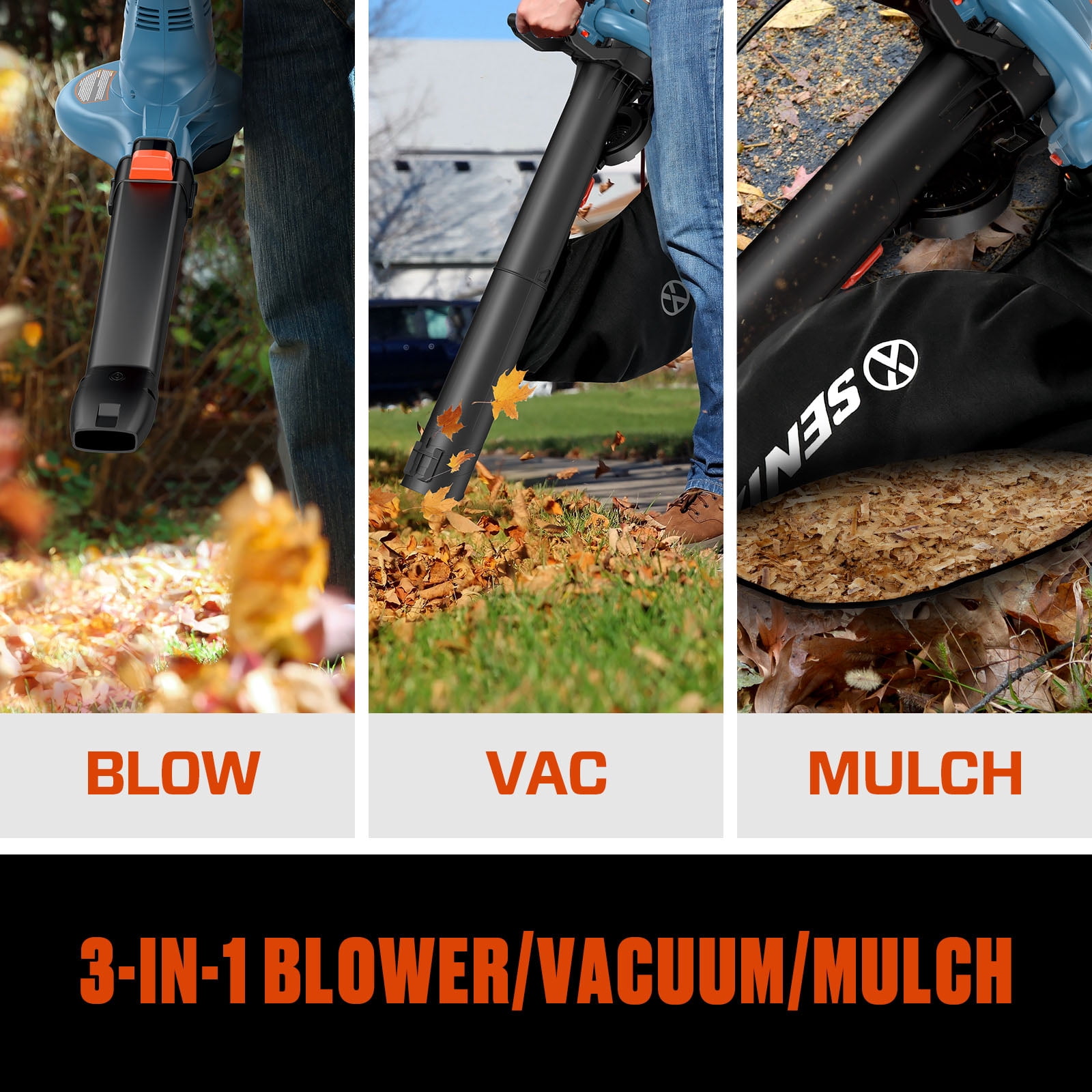 SENIX 120 Volt Max* 12 Amp Corded 3-in-1 Leaf Blower w/Vacuum/Mulcher, Up to 420 CFM and 179 MPH, BLVE12-M