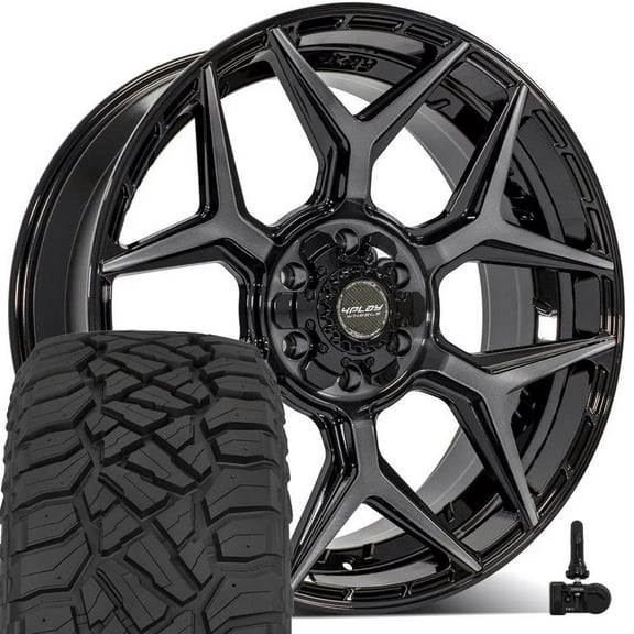 4PLAY Wheels 4P06 22 Inch Rims and Tires Fit 6x135 & 6x139.7 22x9 Gloss Black Brushed with Tinted Clear - TerraMax RT 33x12.50/22 (Set of 4)