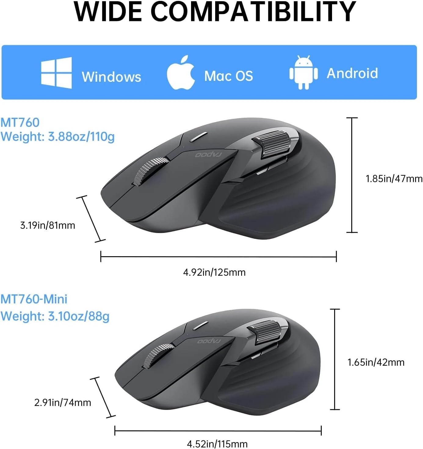 MT760 Multi-Device Wireless Mouse, Bluetooth 5.0 and 2.4G Multi-Mode Connection, Up to 4 Devices, 11 Programmable Buttons, 4K DPI, 90 Days Battery Life, PC, Matte Black