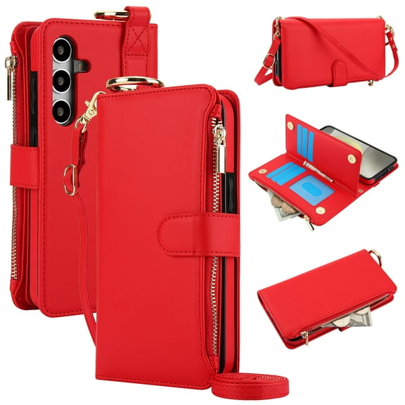 Crossbody Wallet Case for Samsung Galaxy S24 RFID Blocking Card Slots, PU Leather Wristband Strap Zipper Pocket Phone Case with Stand Secure Ring Buckle for Samsung Galaxy S24, Red
