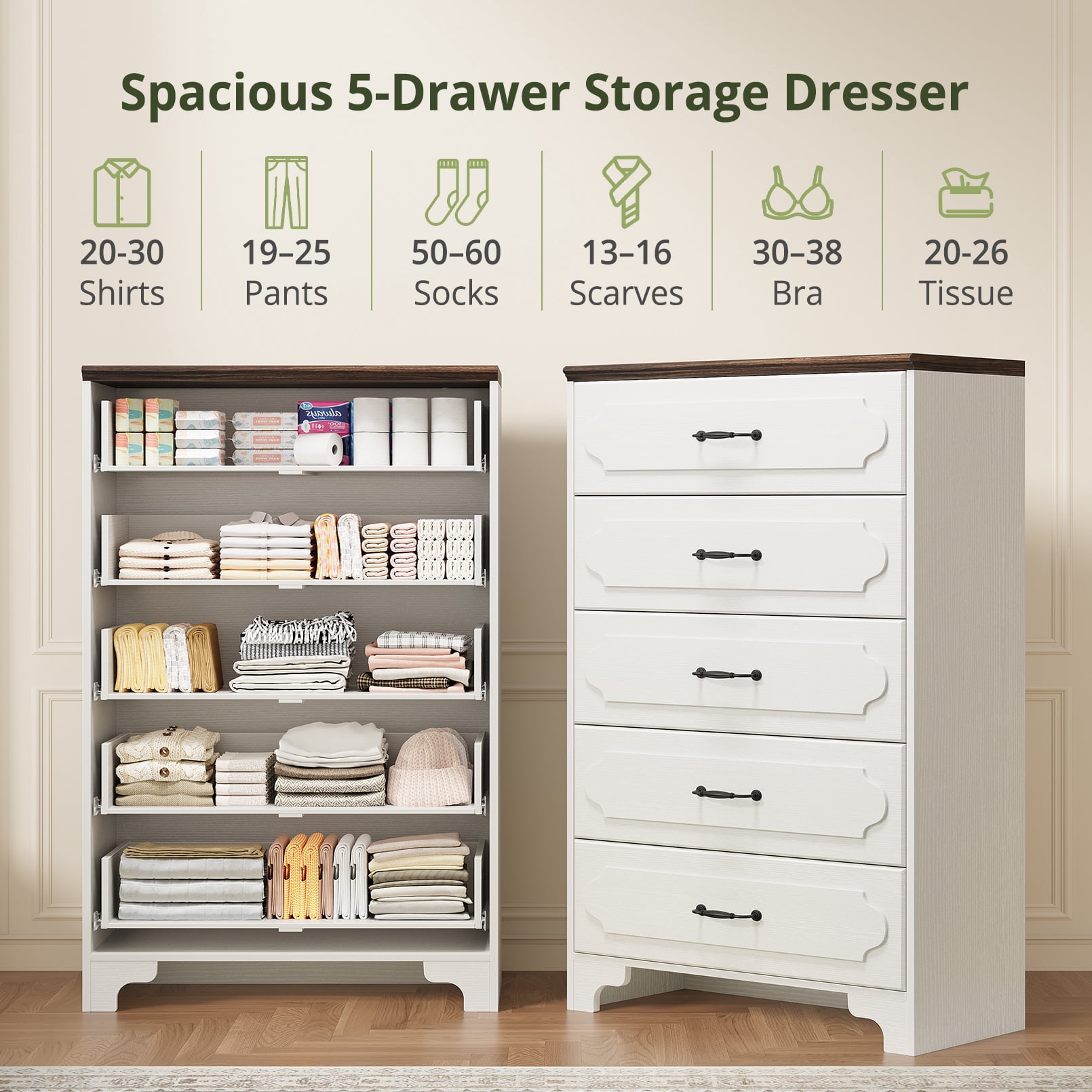 5-Drawer Dresser, White Tall Dresser for Bedroom, Narrow Chest of Drawers, Modern Vertical Storage Cabinet for Closet, Entryway or Living Room