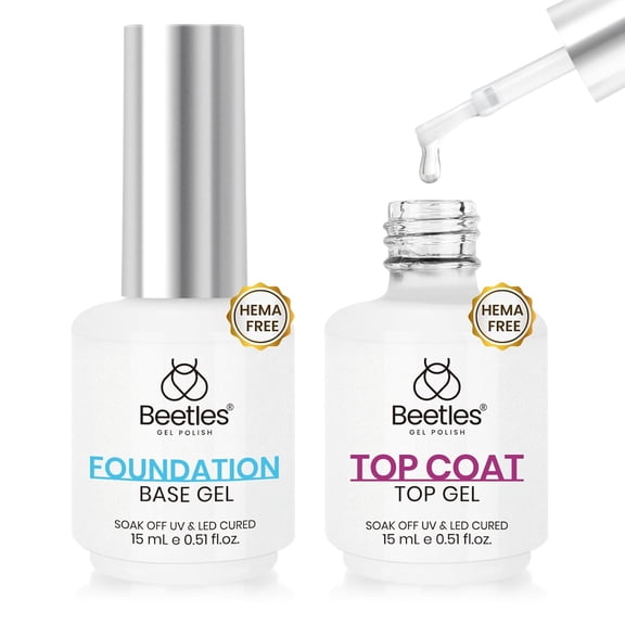 Beetles HEMA Free Base and Top Coat Set 2Pcs 15ML | No Wipe Glossy Finish Upgraded Mild Formula Long Lasting Soak Off Gel Nail Polish No More Damaged Nails
