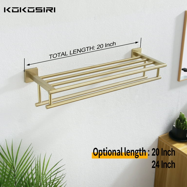 24 Wall Mounted Brass Bathroom Shelf with Towel Rack in Brushed Gold