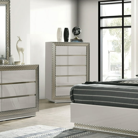 Furniture of America Encina Adult Glam 5-Drawer Solid Wood Bedroom Vertical Dresser, Gray