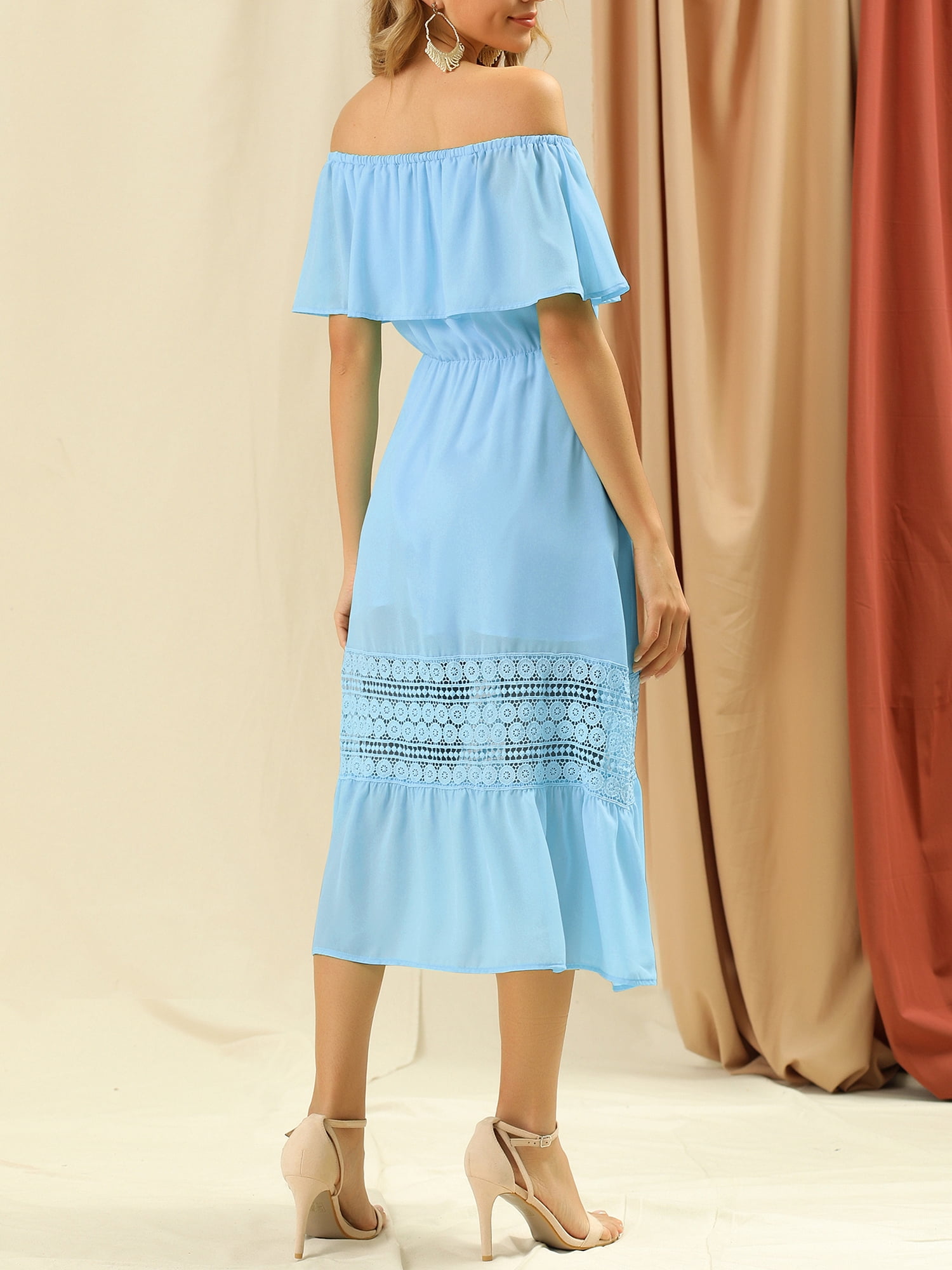 DARING DIVA Women's Off Shoulder Flutter Sleeve Maxi Dress XL Light Blue