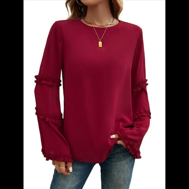 Blusas de Larga Acampanadas y Holgadas para Mujer, Otoño e Invierno 2025, Temperamentales, para Mujer Vino Tinto XL