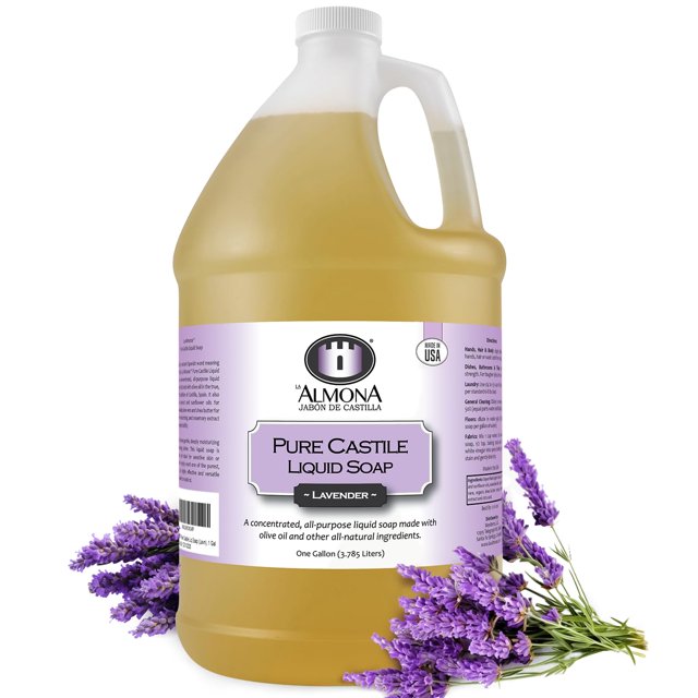 La Almona - Jabón líquido puro de Castilla LAVANDA 1 galón - Multiusos: manos cara cuerpo lavandería platos y más - Para piel sensible Ingredientes naturales perfumados con aceites esenciales