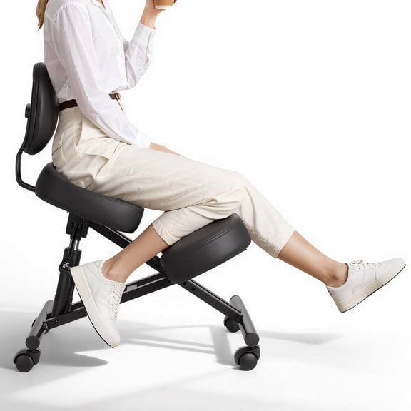VEVOR Ergonomic Kneeling Chair with Backrest & Wheels, Mobile X-Shaped Posture Knee Chair with Adjustable Height & Thick Foam Cushions, Relief for Neck or Back Pain for Home, Office, Meditation,Black