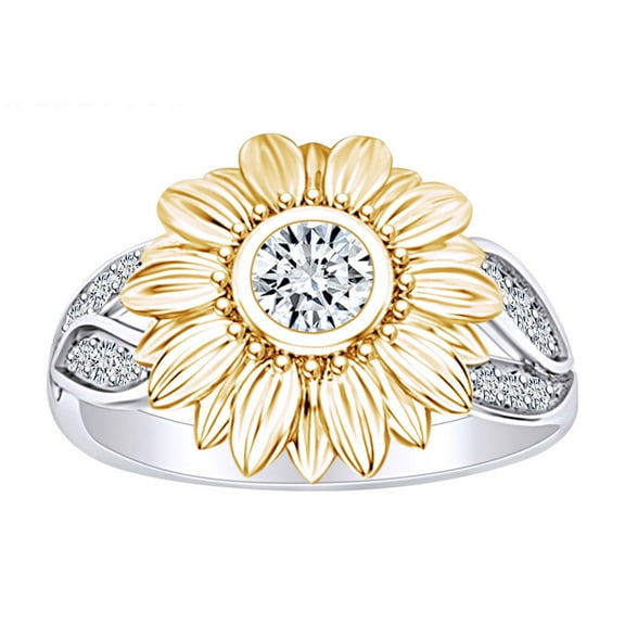 AFFY 0.32 Carat Round Shape White Natural Diamond Sunflower Engagement Ring 14K Solid White Gold Ring Size-5