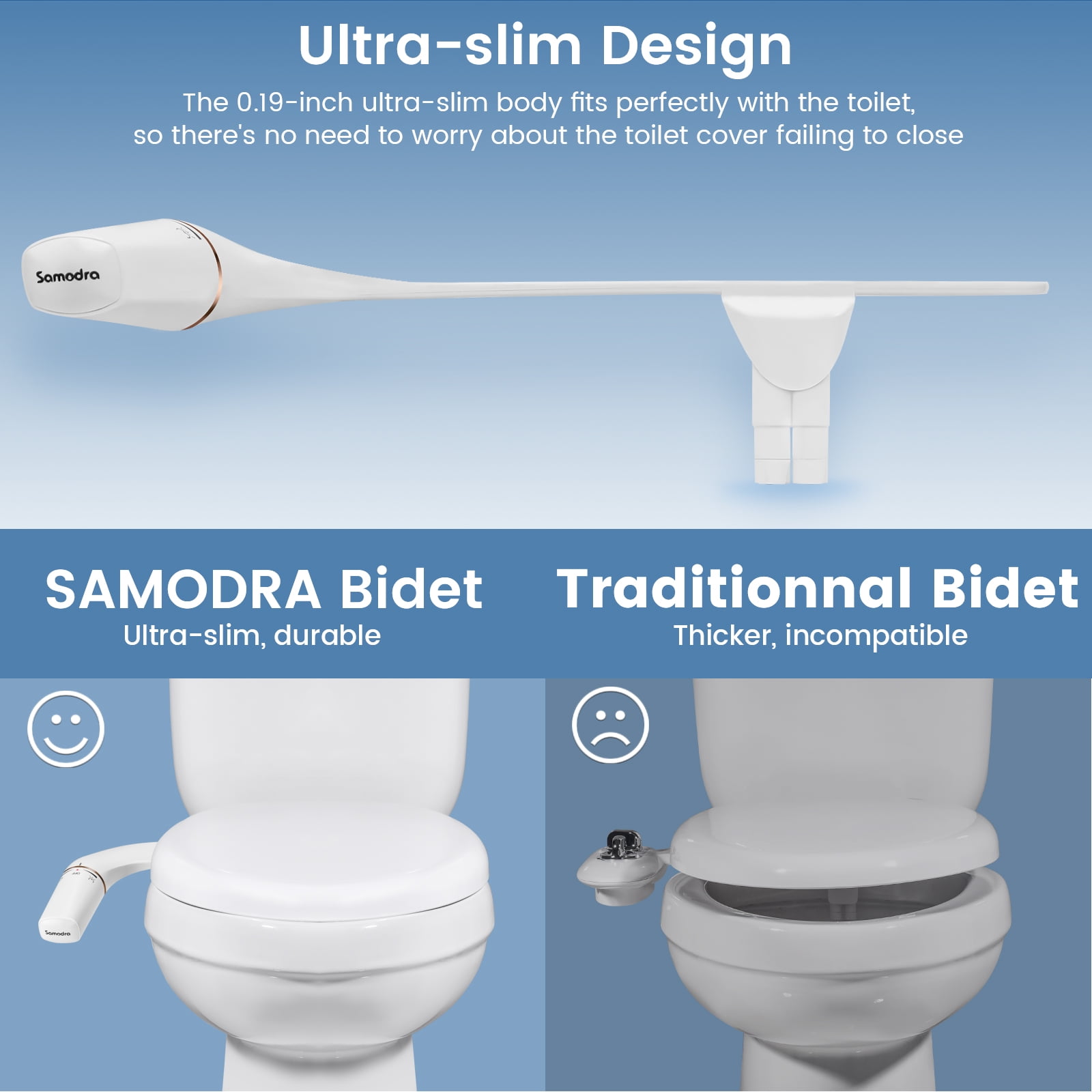 SAMODRA Ultra-Slim Bidet Attachment for Toilet - Dual Nozzle Hygienic Bidets for Existing Toilets - Adjustable Water Pressure Fresh Water Toilet Bidet