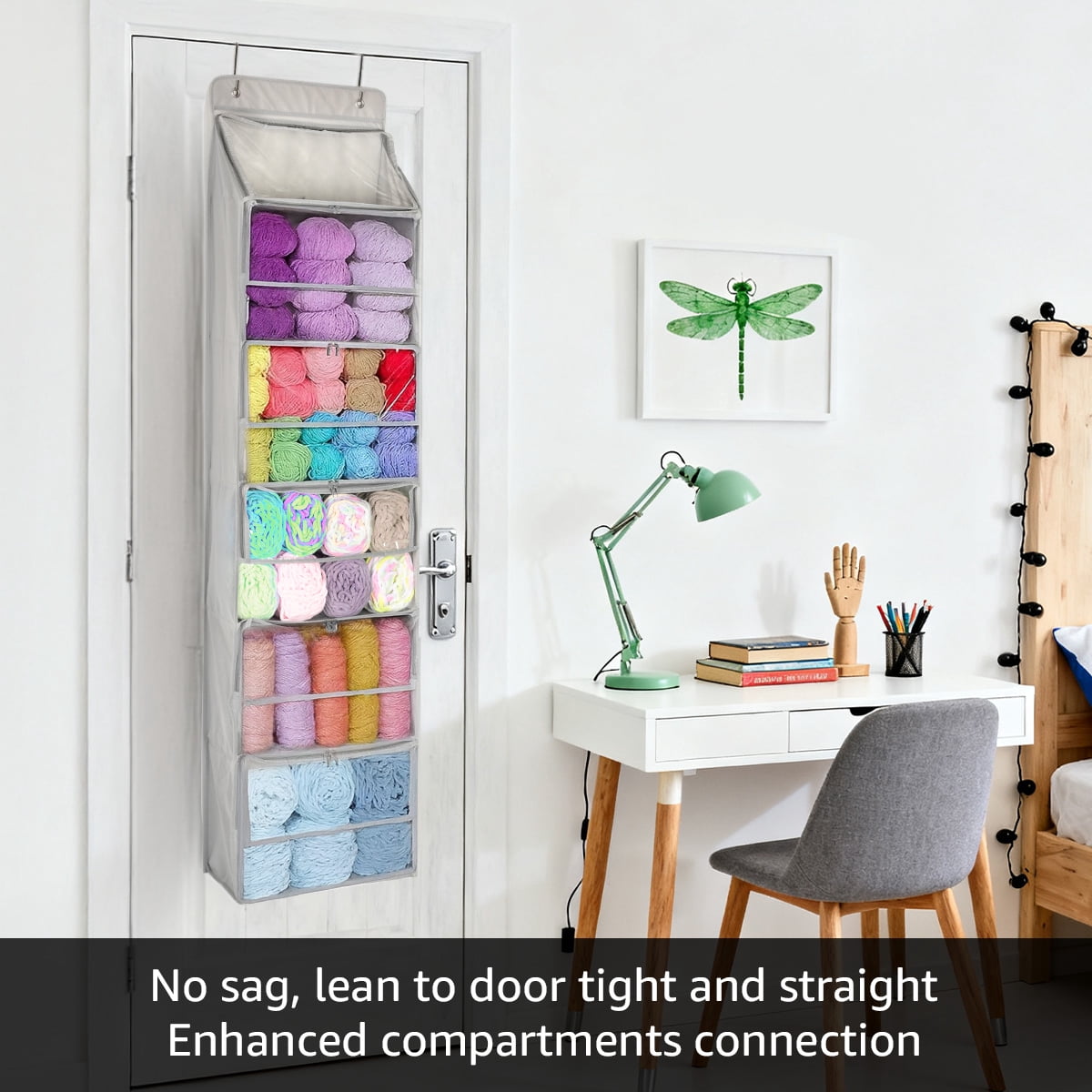 Over the Door Yarn Storage Organizer with 6 Large Clear Pockets, Hanging Wall Mount Knitting & Crochet Supplies Holder for Craft Room, Closet, Door - Space Saving Yarn Skein Organizer (Grey)
