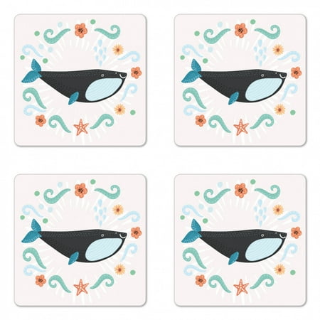 

Whale Coaster Set of 4 Cartoon Style Smiling Big Fish with Flowers Marine Elements and Splashes Around Square Hardboard Gloss Coasters Standard Size Multicolor by Ambesonne