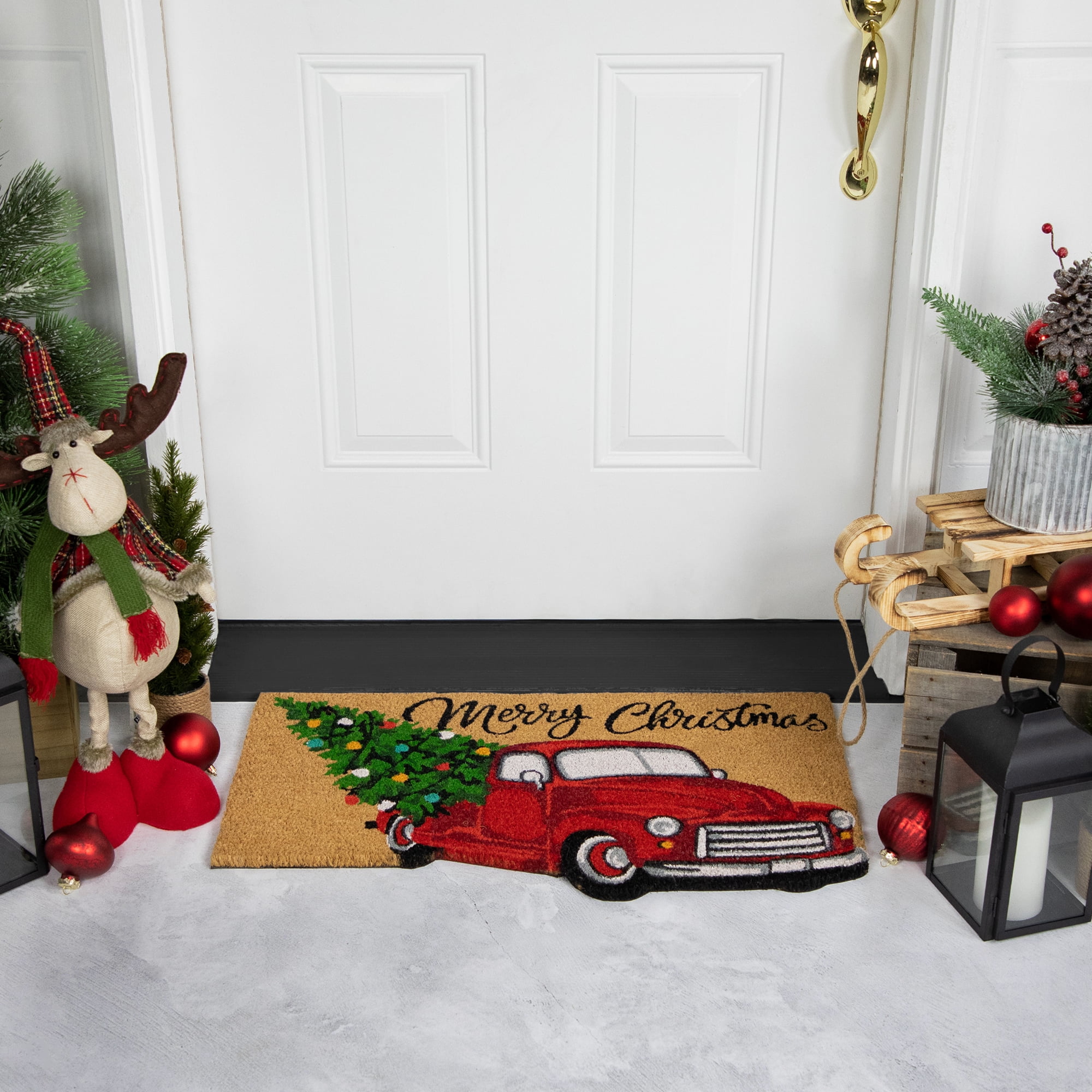 Northlight Red and Green Vintage Truck "Merry Christmas" Outdoor Natural Coir Doormat 18" x 30"
