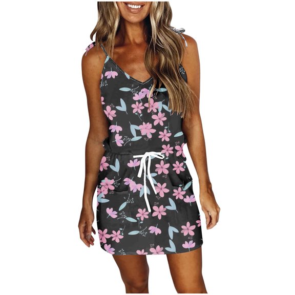 IROINNID Women's Sheath Dress Fashion Casual Sexy Sleeveless Floral Mini Dress Prints Elastic Waist Dress