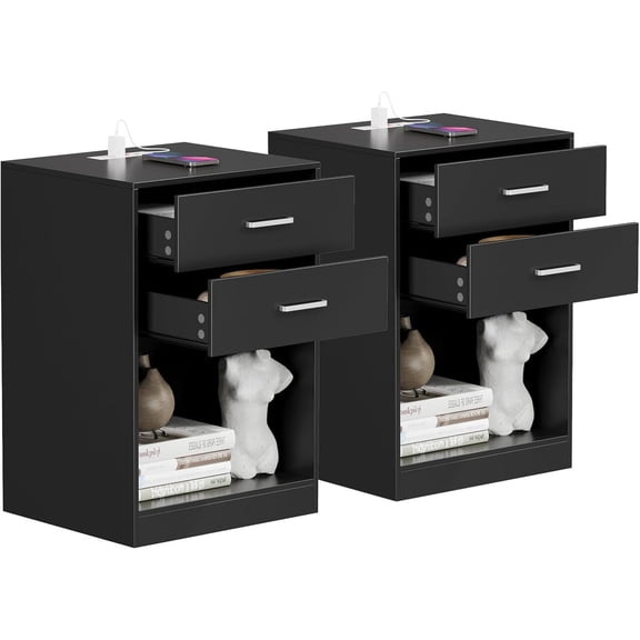 PINDEE 2 Set, Nightstand with 2 Drawers and Charging Port - Perfect for Small Side Table, Night Stand - End Table, Dresser for Bedroom, Living Room, Dorm, Home Office