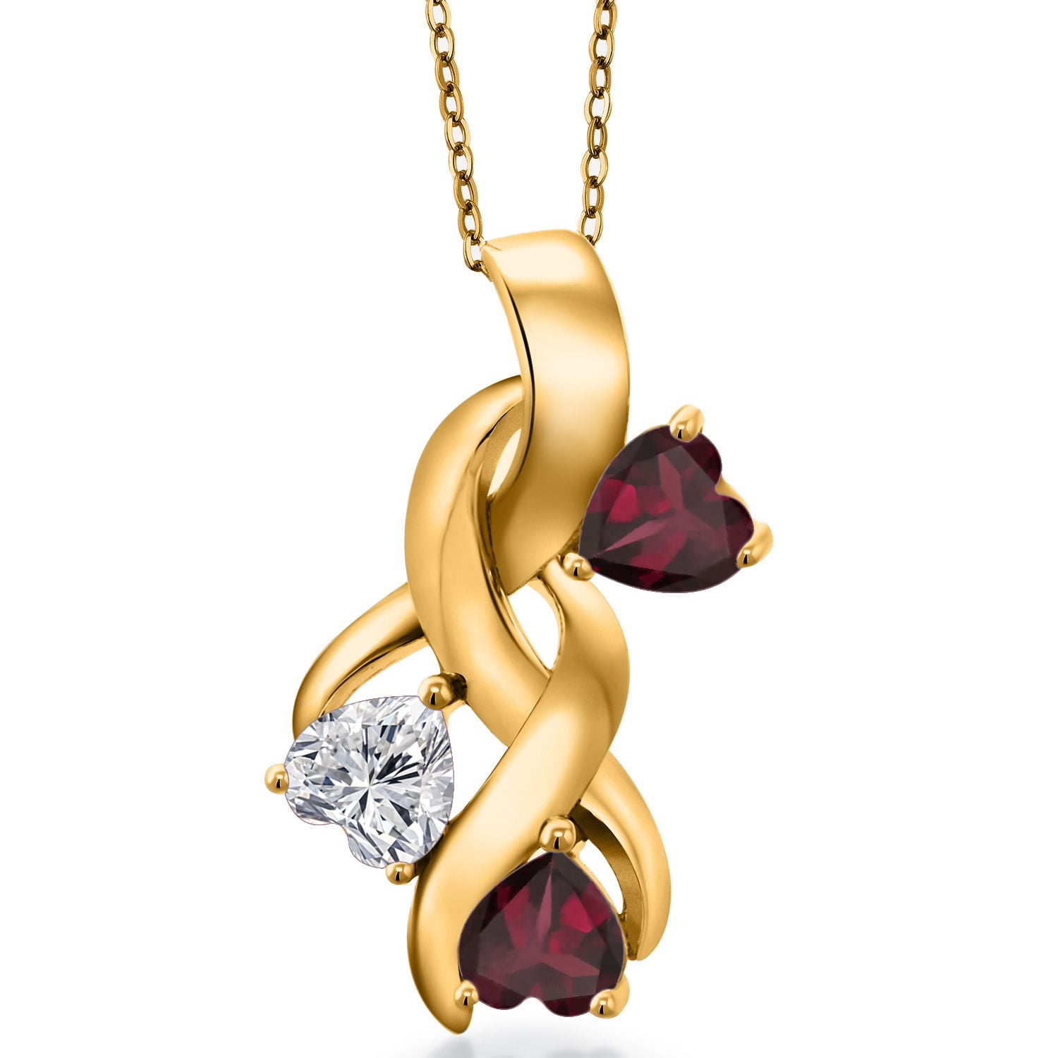 Gem Stone King 18K Yellow Gold Plated Silver Lab Grown Diamond and Red Rhodolite Garnet Pendant Necklace for Women | 1.54 Cttw | Gemstone April Birthstone | Heart Shape 5MM | With 18 inch Chain