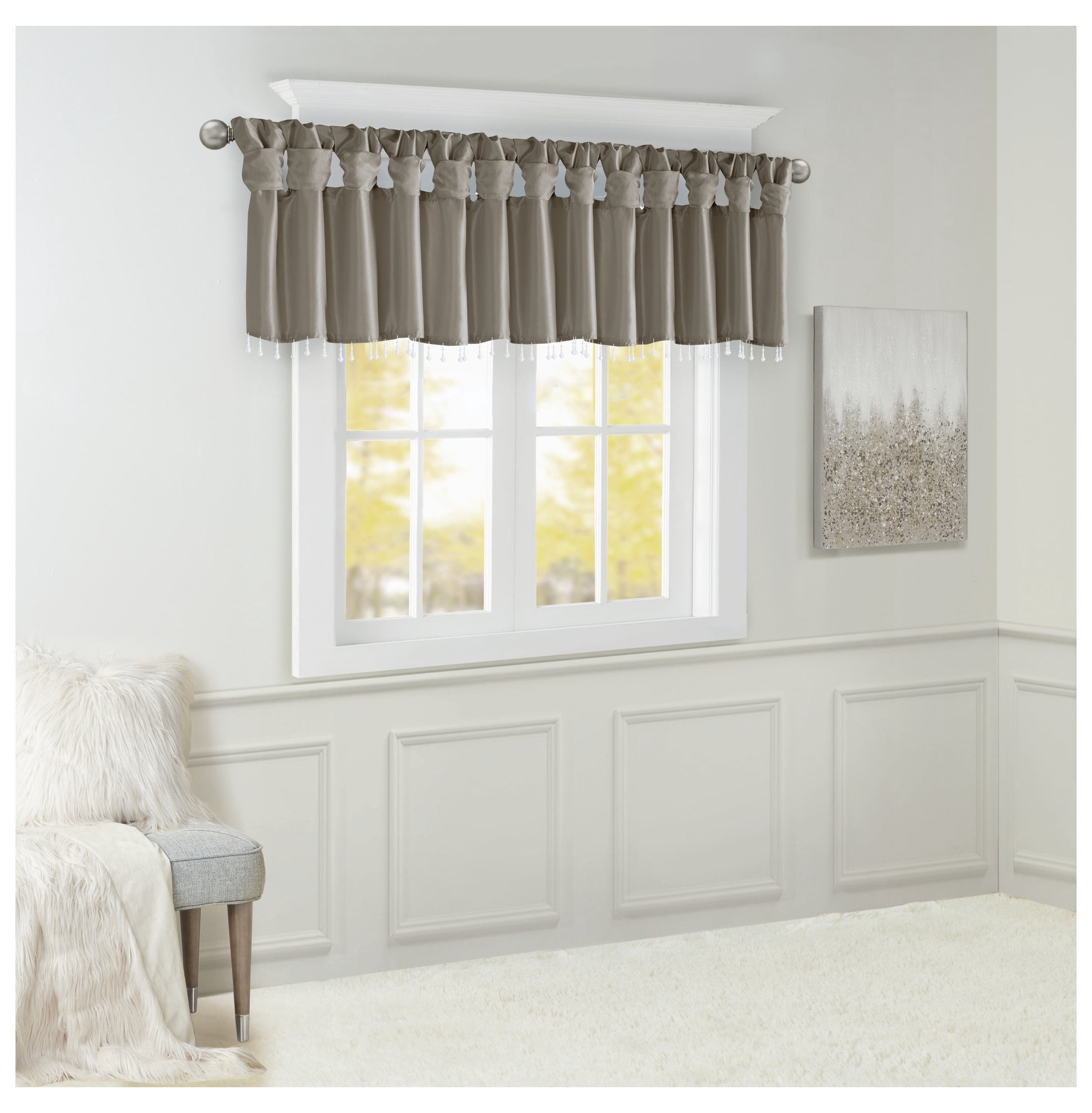 Lightweight Faux Silk Valance With Beads Pewter 50x26"