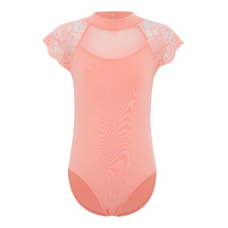Haitryli Kids Girls Cap Sleeve Floral Lace Ballet Dance Leotard Backless Gymnastics Jumpsuit One Piece Bodysuit Dancewear Coral Pink 7-8