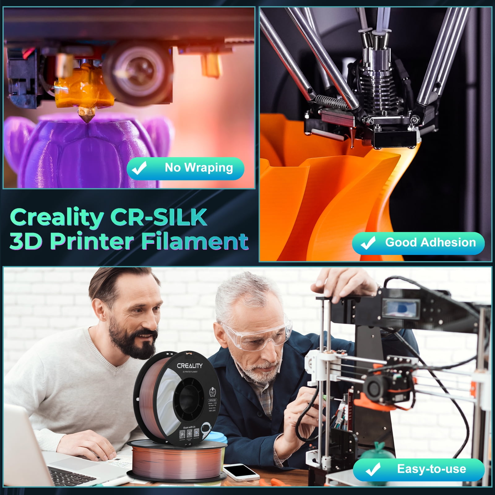 Creality 3D Printing Silk PLA Filament 3D Printer Blue Green Shiny Filaments 1.75mm Neatly Wound Dimensional Accuracy +/- 0.03 mm Silk Smooth Printing 2.2lbs for Most 3D Printers