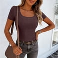 thumbnail image 6 of Scoop Neck Tops for Women 2026 Cute Summer Soft Ribbed Short Sleeve Tops Casual Fitted Cropped T Shirts Basic Tees Brown XL, 6 of 8