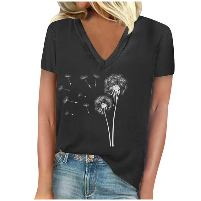 Camisetas de Manga Corta para las Mujeres, Impresión de Cuello en V Camiseta Casual Top Hecho de 95% Poliéster 5% Spandex para el Uso Diario de Primavera Verano, Camisetas para las Mujeres Casual